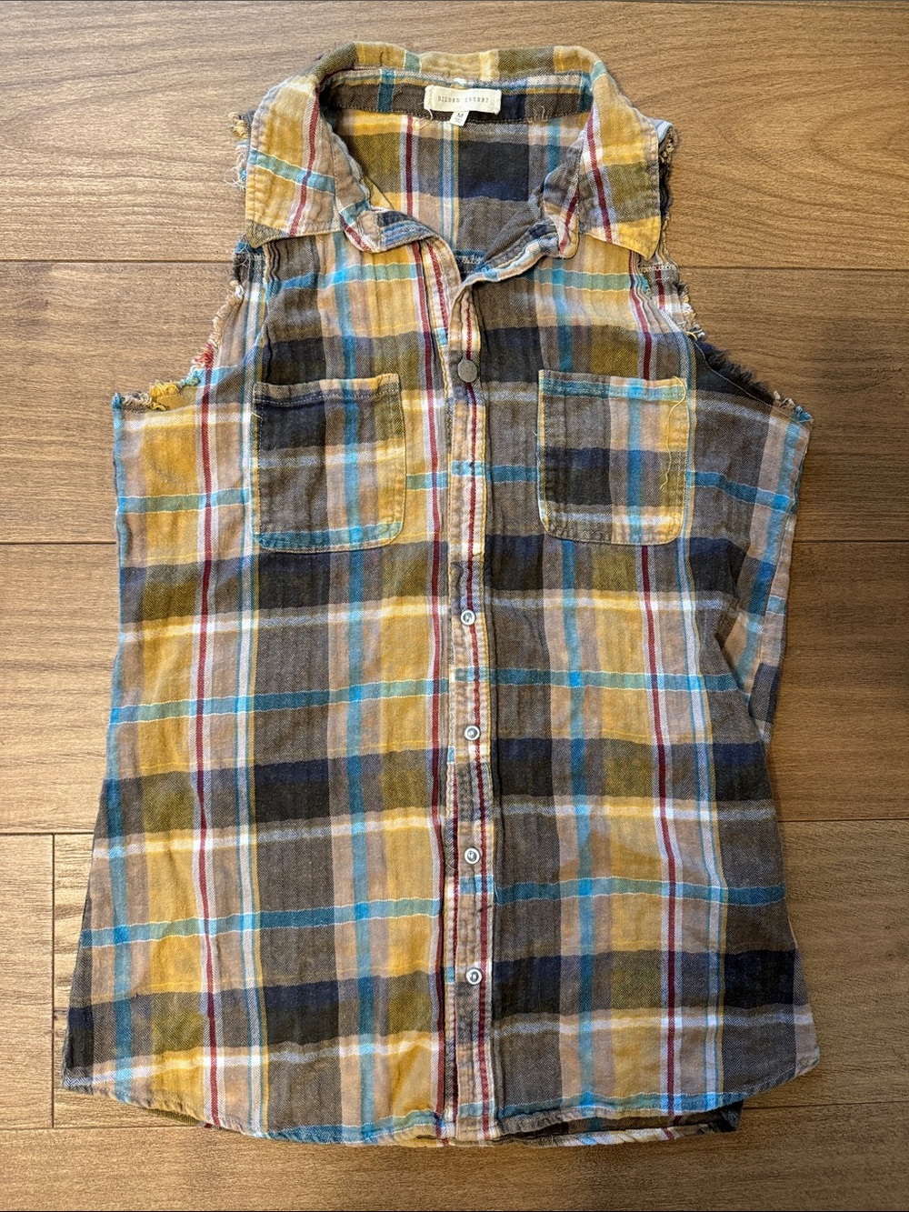 Gilded Intent Distressed Plaid Sleeveless Button-Down Flannel